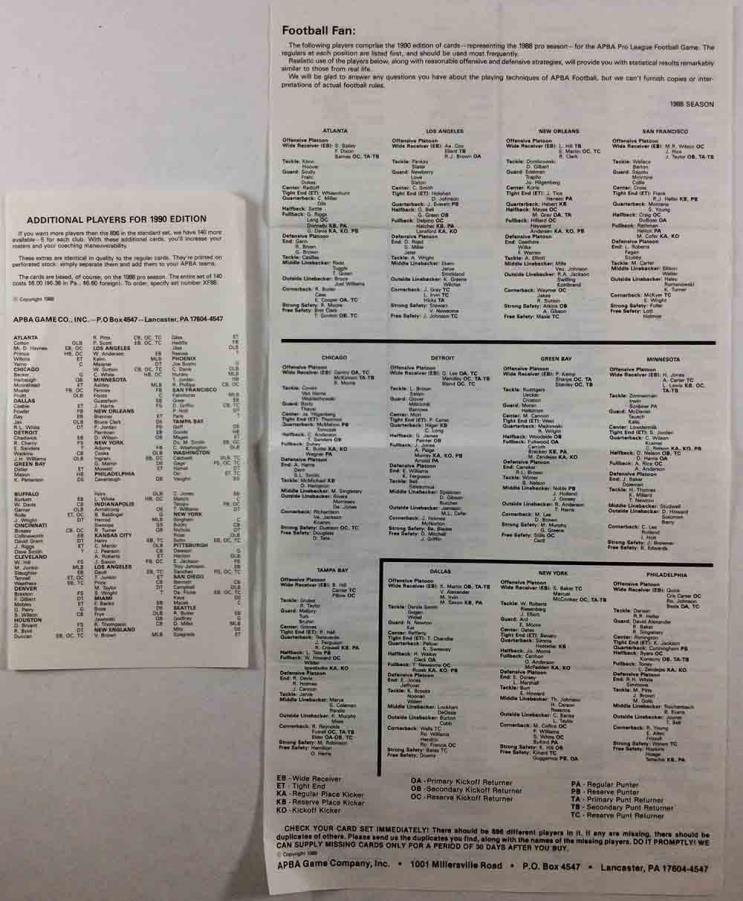 Apba Football 1990 Player Cards Football Noble Knight Games