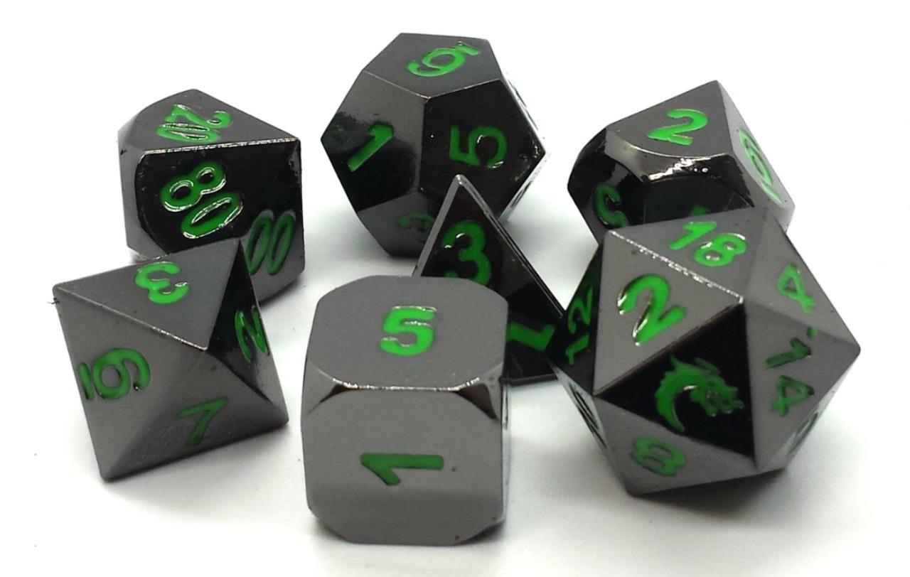 Old School Dice Metal RPG Dice Halfling Black Nickel w/Green