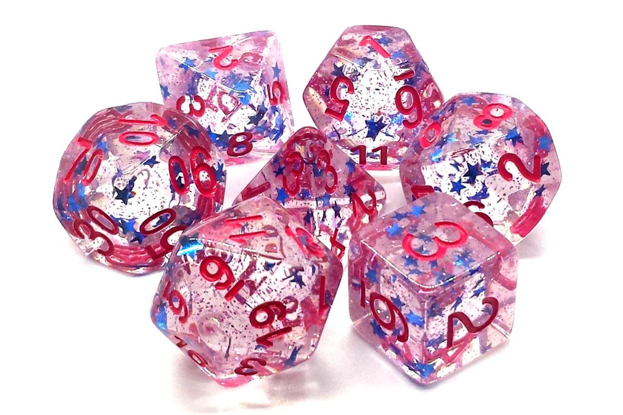 Old School Dice Infused Dice Poly Set Blue Stars w/Red (7) New