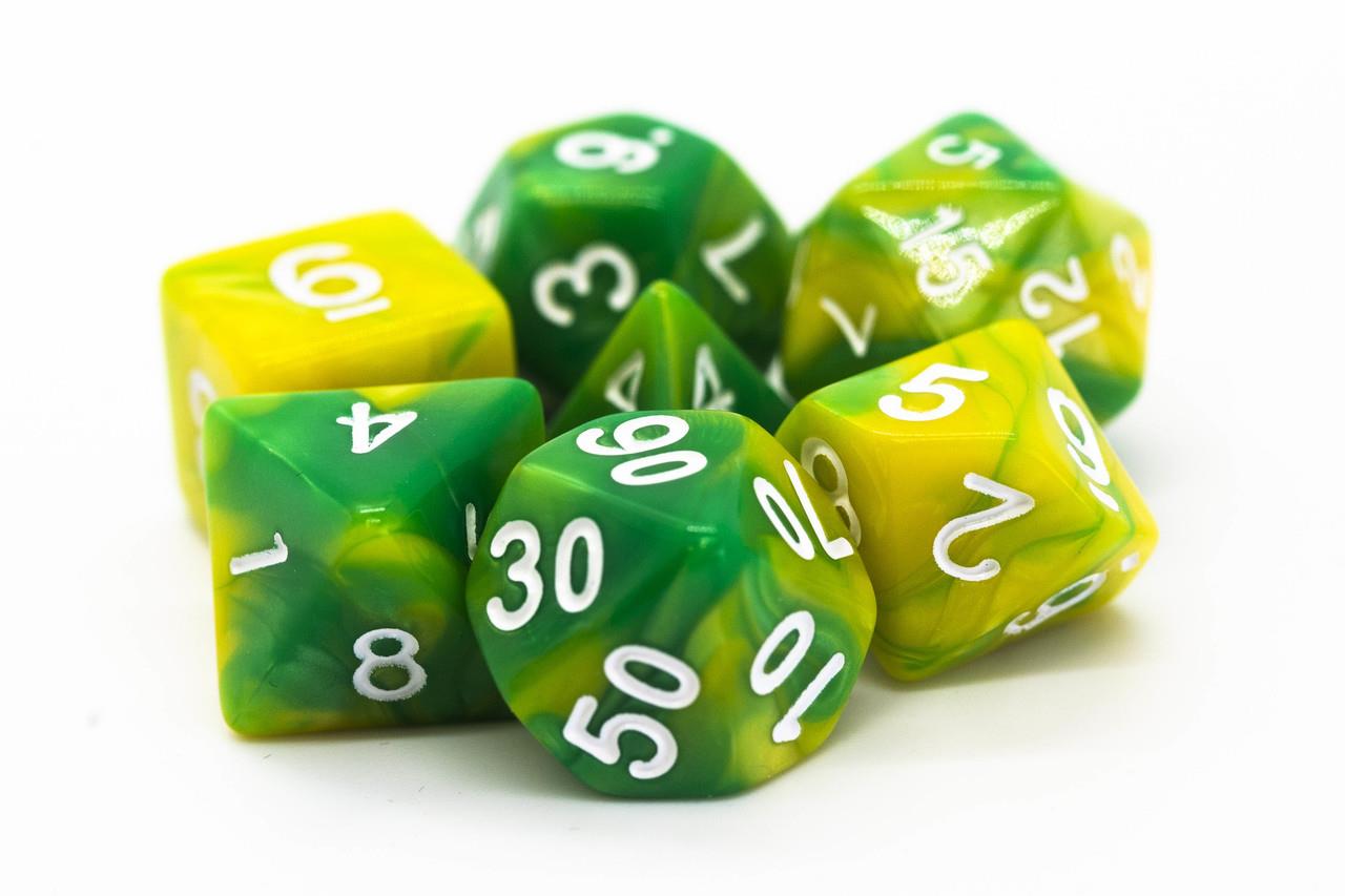 Old School Dice Vorpal Dice Poly Set Green & Yellow w/White (7) New eBay
